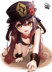 Rule 34 | 1girl, absurdres, all fours, bangom r, black hat, black shirt, blush, breasts, brown hair, detached collar, flower, flower-shaped pupils, genshin impact, hat, highres, hu tao (genshin impact), jewelry, long hair, looking at viewer, multiple rings, nail polish, no shoes, red eyes, red flower, red neckwear, ring, shirt, socks, solo, symbol-shaped pupils, tongue, tongue out, twintails, very long hair, white footwear, wrist cuffs