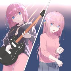 Rule 34 | 1girl, absurdres, black sweater, bloom, blue background, blue eyes, bocchi the rock!, breasts, clenched teeth, commentary request, cube hair ornament, dande cat, eyelashes, gotoh hitori, grey skirt, guitar, hair between eyes, hair ornament, highres, holding, holding instrument, instrument, jacket, large breasts, long hair, looking down, looking to the side, miniskirt, one side up, open mouth, pants, pink hair, pleated skirt, skirt, solo, straight hair, sweatdrop, sweater, teeth, track jacket, track pants, track suit, v-shaped eyebrows, very long hair
