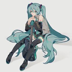 Rule 34 | 1girl, aqua eyes, aqua hair, aqua necktie, bare shoulders, black footwear, black skirt, black sleeves, boots, closed mouth, collared shirt, commentary, dated, detached sleeves, full body, grey background, grey shirt, guitar, hair ornament, hashtag only commentary, hatsune miku, highres, holding, holding guitar, holding instrument, instrument, lace, lace-trimmed collar, lace-trimmed shirt, lace trim, light frown, long hair, long sleeves, looking at viewer, miniskirt, necktie, number tattoo, own hands together, pleated skirt, shadow, shirt, shoulder tattoo, simple background, sitting, skirt, solo, tattoo, thigh boots, twintails, twitter username, very long hair, vocaloid, z6