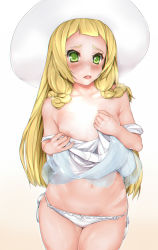 Rule 34 | 10s, 1girl, bad id, bad pixiv id, blonde hair, braid, breasts, chromatic aberration, clothes lift, collarbone, covering breasts, covering privates, cowboy shot, creatures (company), dress, dress lift, eyelashes, game freak, gradient background, green eyes, groin, hat, ishikei (style), lillie (pokemon), long hair, looking at viewer, navel, nintendo, nipple slip, nipples, off shoulder, panties, parted lips, pokemon, pokemon sm, riri (narikeen), see-through, side-tie panties, simple background, sleeveless, sleeveless dress, small breasts, solo, stomach, sun hat, twin braids, underwear, white background, white dress, white panties