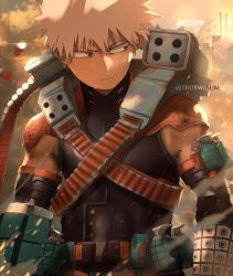 Rule 34 | 1boy, armor, bakugou katsuki, belt, blonde hair, blurry, blurry background, bodysuit, boku no hero academia, closed mouth, commentary, day, english commentary, explosive, frown, grenade, gun, highres, holding, male focus, outdoors, red eyes, shoulder armor, solo, spiked hair, tree, trubwlsum, upper body, weapon