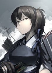 Rule 34 | 10s, 1girl, archery, armor, arrow (projectile), breastplate, breasts, brown eyes, brown hair, female focus, gloves, half-closed eyes, hetza (hellshock), japanese clothes, kaga (kancolle), kantai collection, kyuudou, looking at viewer, muneate, partially fingerless gloves, partly fingerless gloves, personification, quiver, serious, short hair, side ponytail, single glove, solo, tasuki, yugake