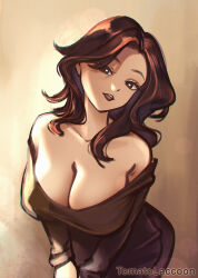 Rule 34 | 1girl, bare shoulders, breasts, brown dress, brown eyes, brown hair, cleavage, collarbone, commentary, dress, highres, large breasts, long hair, long sleeves, looking at viewer, medium hair, off-shoulder dress, off shoulder, open mouth, original, solo, tomatolacoon, upper body, v arms, yellow background