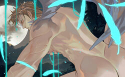 Rule 34 | 1boy, absurdres, ass, back, back focus, bara, brown hair, completely nude, cowboy shot, dripping, facial mark, falling feathers, feathered wings, feathers, full moon, glowing feather, highres, light particles, male focus, mature male, moon, muscular, muscular male, night, nude, original, pupuddddy, short hair, solo, wings
