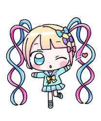 Rule 34 | 1girl, 1nupool, blonde hair, blue bow, blue eyes, blue footwear, blue hair, blue serafuku, blue shirt, blue skirt, blunt bangs, bow, chibi, chouzetsusaikawa tenshi-chan, commentary, full body, hair bow, hands up, heart, highres, long hair, long sleeves, looking at viewer, multicolored hair, multiple hair bows, needy girl overdose, official art, one eye closed, open mouth, pink bow, pink hair, pleated skirt, purple bow, quad tails, school uniform, second-party source, serafuku, shirt, shoes, simple background, skirt, solo, standing, standing on one leg, symbol-only commentary, very long hair, white background, yellow bow