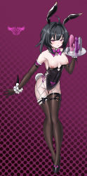 Rule 34 | 1girl, :q, absurdres, ahoge, alternate costume, alternate eye color, animal ears, arknights, bare shoulders, black footwear, black gloves, black hair, black leotard, black thighhighs, blush, bow, bowtie, breasts, breasts out, budesonide, butt plug, cleavage, closed mouth, corruption, covered erect nipples, covered navel, dark persona, detached collar, dildo, elbow gloves, fake animal ears, fake tail, feather hair, full body, gloves, gluteal fold, hair intakes, halftone, halftone background, highres, holding, holding tray, la pluma (arknights), leaning forward, leotard, leotard pull, looking at viewer, medium breasts, naughty face, nipple piercing, nipple rings, nipples, piercing, playboy bunny, pubic tattoo, purple background, purple bow, purple bowtie, purple eyes, rabbit ears, rabbit tail, scrunchie, sex toy, short hair, smile, solo, strapless, strapless leotard, tail, tattoo, thigh gap, thighhighs, tongue, tongue out, tray, wrist scrunchie