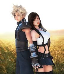 Rule 34 | 1boy, 1girl, 3d, armor, artist request, back-to-back, bare shoulders, black hair, black thighhighs, blonde hair, blue eyes, breasts, cloud strife, couple, cowboy shot, crop top, detached sleeves, dress, earrings, field, final fantasy, final fantasy vii, final fantasy vii remake, fingerless gloves, flower, flower field, gloves, highres, holding hands, jewelry, large breasts, long hair, midriff, navel, raidenwgt, red eyes, red lips, shoulder armor, sleeveless, sleeveless dress, sleeveless turtleneck, spiked hair, square enix, sweater, tank top, thighhighs, tifa lockhart, turtleneck, turtleneck sweater, white tank top, zettai ryouiki