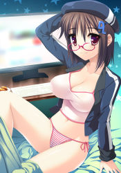 Rule 34 | 1girl, arm support, arm up, bad id, bad pixiv id, blush, breasts, brown hair, camisole, cleavage, computer, dlsite.com, glasses, hair ornament, hairclip, hat, jacket, keyboard (computer), large breasts, monitor, original, panties, red eyes, short hair, side-tie panties, sitting, smile, solo, totokichi, underwear