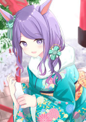Rule 34 | 1girl, absurdres, animal ears, blurry, blurry background, blush, breasts, commentary request, hair ornament, highres, horse ears, horse girl, japanese clothes, kimono, long hair, looking at viewer, mejiro mcqueen (umamusume), open mouth, paper, purple eyes, purple hair, ribbon, sakura4620, small breasts, solo, umamusume