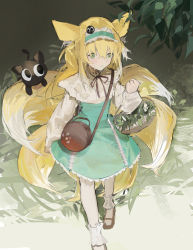 Rule 34 | 1girl, absurdres, animal ears, ankle cuffs, arknights, bag, basket, black cat, blonde hair, blue hairband, brown bag, cat, dress, fox ears, fox girl, fox tail, frilled hairband, frills, green dress, green eyes, hairband, highres, holding, holding basket, long hair, long sleeves, luo xiaohei, neck ribbon, official alternate costume, outdoors, pantyhose, red ribbon, ribbon, satchel, shoulder bag, sketch, solo, suzuran (arknights), suzuran (spring praise) (arknights), tail, luo xiaohei zhanji, walking, white pantyhose, yaruyan