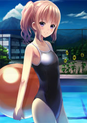 Rule 34 | 1girl, ball, brown hair, chain-link fence, competition school swimsuit, fence, flower, gradient hair, looking at viewer, multicolored hair, one-piece swimsuit, original, pool, purple eyes, purple hair, school, school swimsuit, school uniform, short hair, smile, solo, standing, sunflower, swimsuit, tsumiwara, twintails