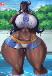 Rule 34 | 1girl, blue eyes, blue hair, blush, breasts, cloudyb1ts, covered erect nipples, creatures (company), curvy, dark-skinned female, dark skin, female focus, game freak, gigantic breasts, highres, long hair, looking at viewer, multicolored hair, navel, nessa (pokemon), nintendo, poke ball, pokemon, pokemon swsh, pool, short shorts, shorts, solo, thick thighs, thighs, two-tone hair, wide hips