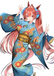 Rule 34 | 1girl, alternate costume, animal ears, bag, blue kimono, breasts, brown hair, daiwa scarlet (umamusume), feet out of frame, fish, floral print, goldfish, hair between eyes, hair intakes, hands up, highres, holding, holding bag, horse ears, horse girl, horse tail, japanese clothes, kimono, kinchaku, long hair, long sleeves, medium breasts, obi, open mouth, pouch, red eyes, sandals, sash, simple background, smile, socks, solo, standing, tail, twintails, umamusume, v, white background, white socks, wide sleeves, yomean!, yukata, zouri