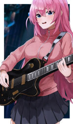 Rule 34 | 1girl, absurdres, black skirt, blue eyes, blush, bocchi the rock!, breasts, cube hair ornament, electric guitar, gibson les paul, gotoh hitori, guitar, hair ornament, highres, holding, holding instrument, holding plectrum, instrument, jacket, large breasts, long hair, looking at viewer, open mouth, pink hair, pink jacket, pink track suit, pleated skirt, plectrum, skirt, solo, su901, track jacket