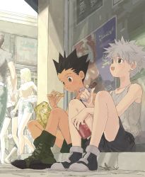 Rule 34 | 2boys, candy, candy bar, child, chips (food), day, eating, faceless, food, food on face, gon freecss, highres, holding, holding food, hunter x hunter, killua zoldyck, midriff peek, multiple boys, open mouth, outdoors, short hair, shorts, sitting, solo focus, toripippi 7