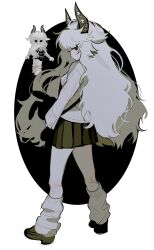 Rule 34 | 1girl, animal bag, black background, black bag, black eyes, black footwear, black horns, black skirt, full body, grey hair, grey jacket, highres, horns, jacket, leg warmers, long hair, long sleeves, looking at viewer, looking back, no mouth, no sclera, original, oval background, pleated skirt, roblox, sasi mozzi1, skirt, solo, standing, very long hair