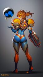 Rule 34 | absurdres, arm cannon, ass, bodysuit, brown hair, danderfull, fusion, gradient background, grey background, highres, lips, metroid, metroid (creature), nintendo, orange goggles, overwatch, ponytail, robot, samus aran, short ponytail, shoulder pads, simple background, skin tight, standing, tracer (overwatch), weapon