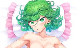 Rule 34 | 1girl, absurdres, armpits, bed, blush, breasts, cleavage, collarbone, curly hair, green eyes, green hair, heavy breathing, highres, looking at viewer, mogudan, nude, one-punch man, open mouth, pillow, short hair, solo, sweat, tatsumaki, upper body, white background