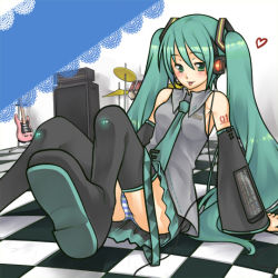 Rule 34 | :p, arm support, blush, detached sleeves, green eyes, green hair, hatsune miku, heart, liminarity, long hair, necktie, panties, pantyshot, sitting, skirt, striped clothes, striped panties, thighhighs, tongue, tongue out, twintails, underwear, vocaloid
