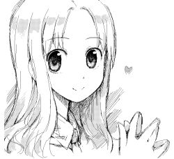 Rule 34 | 1girl, greyscale, hage, heart, long hair, monochrome, simple background, smile, solo, white background