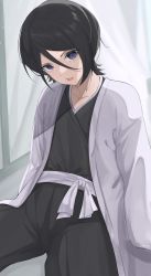 Rule 34 | 1girl, absurdres, black hair, bleach, blush, breasts, byeon dha, hair between eyes, highres, jacket, japanese clothes, kuchiki rukia, lipstick, looking at viewer, makeup, open mouth, purple eyes, shinigami, short hair, small breasts, smile, solo