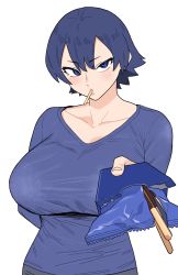 Rule 34 | 1girl, arm behind back, blue eyes, blue hair, blue sweater, breasts, food, food in mouth, highres, large breasts, mouth hold, original, pocky, short hair, sweater, vulcan (ejel2000)