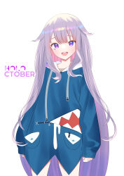 Rule 34 | 1girl, :d, absurdres, amerainu, animal costume, blue hoodie, colored inner hair, cosplay, gawr gura, gawr gura (1st costume), gawr gura (cosplay), grey hair, highres, hololive, hololive english, hood, hoodie, jewel under eye, koseki bijou, long hair, looking at viewer, multicolored hair, non-web source, open mouth, purple eyes, purple hair, self-upload, shark costume, smile, solo, source request, virtual youtuber, white background