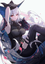 Rule 34 | 1girl, absurdres, arknights, armpits, arms up, black hat, breasts, hat, highres, large breasts, leria v, long hair, looking at viewer, red eyes, sitting, skadi (arknights), skadi (elite ii) (arknights), solo, thighs, white background, white hair