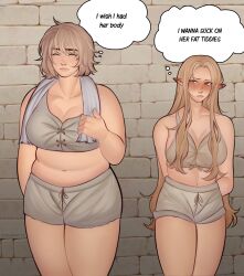 Rule 34 | 2girls, blonde hair, blush, breasts, cleavage, closed eyes, commentary, dungeon meshi, elf, english commentary, falin touden, female focus, green eyes, highres, large breasts, lesbeanlatte, long hair, looking at another, marcille donato, meme, multiple girls, navel, plump, pointy ears, simple background, standing, stomach, thick thighs, thighs, underwear, yuri