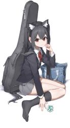 Rule 34 | 1girl, absurdres, animal ears, bag, black hair, black jacket, black socks, blazer, brown eyes, buttoned cuffs, buttons, cat ears, collared shirt, commentary request, full body, grey skirt, hair between eyes, hand up, highres, instrument case, jacket, k-on!, kneehighs, long hair, long sleeves, looking at viewer, looking to the side, nakano azusa, neck ribbon, pleated skirt, red ribbon, ribbon, sakuragaoka high school uniform, school bag, school uniform, sentter, shirt, sidelocks, skirt, socks, thighs, twintails, uniform, white shirt, winter uniform