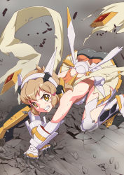 Rule 34 | 10s, 1girl, all fours, angry, arm support, armor, ass, bare shoulders, blood, clenched teeth, commentary request, crack, cracked floor, destruction, female focus, full body, gauntlets, greaves, grimace, hairband, headgear, injury, light brown hair, looking at viewer, orange eyes, pleated skirt, revealing clothes, rubble, senki zesshou symphogear, senzoc, serious, short hair, skirt, solo, tachibana hibiki (symphogear), teeth, torn clothes, torn skirt, yellow skirt