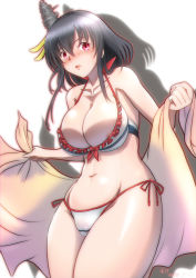 Rule 34 | 1girl, bikini, black hair, blush, breasts, cleavage, commentary request, embarrassed, hair ornament, kantai collection, large breasts, moke ro, open mouth, red eyes, sarong, unworn sarong, shadow, short hair, side-tie bikini bottom, solo, swimsuit, white background, white bikini, yamashiro (kancolle)