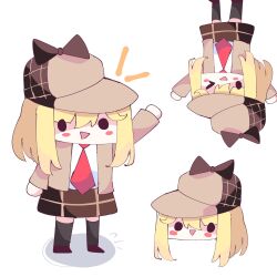 Rule 34 | &gt; &lt;, 1girl, black thighhighs, blonde hair, blush stickers, brown footwear, brown headwear, brown jacket, brown skirt, chibi, collared shirt, commentary, deerstalker, english commentary, feet out of frame, full body, hat, head only, highres, hololive, hololive english, jacket, koyoinacho, long sleeves, looking at viewer, medium hair, multiple views, necktie, notice lines, one eye closed, open clothes, open jacket, open mouth, red necktie, shirt, shoes, sidelocks, simple background, skirt, smile, smol ame, solid circle eyes, standing, thighhighs, triangle mouth, virtual youtuber, watson amelia, white background, white shirt