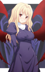 Rule 34 | 1girl, 47agdragon, arms behind back, blonde hair, blush, breasts, demon girl, highres, impossible clothes, large breasts, long hair, nun, original, red eyes, slit pupils, smile, solo, traditional nun, wings