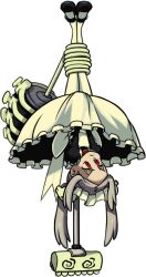 Rule 34 | 1girl, apron, apron lift, black dress, bloody marie (skullgirls), bound, brooch, clothes lift, covering privates, covering crotch, dress, dress lift, frilled apron, frilled dress, frills, full body, grey hair, hair ornament, headdress, jewelry, legs tied, long sleeves, maid apron, maid headdress, mary janes, official art, puffy sleeves, pushing down, red eyes, shoes, simple background, skull hair ornament, skullgirls, socks, solo, twintails, upside-down, vacuum cleaner, white apron, white background, white socks, wire