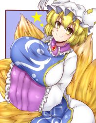 Rule 34 | 1girl, absurdres, animal ears, animal hat, blonde hair, breasts, dress, fox ears, fox tail, frilled dress, frills, hat, highres, huge breasts, long sleeves, mob cap, multiple tails, norori, short hair, solo, tabard, tail, touhou, white dress, white hat, wide sleeves, yakumo ran, yellow eyes