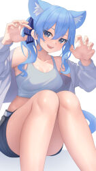 Rule 34 | 1girl, :d, absurdres, alternate breast size, animal ear fluff, animal ears, aoi zerii, belt, blue eyes, blue hair, blue ribbon, blue shorts, breasts, cat ears, cat tail, claw pose, collarbone, commentary, extra ears, fangs, feet out of frame, hair between eyes, hair ribbon, hands up, highres, hololive, hoshimachi suisei, jacket, knees up, long hair, looking at viewer, medium breasts, off shoulder, open mouth, ribbon, short shorts, shorts, side ponytail, simple background, single sidelock, sitting, smile, solo, star (symbol), star in eye, symbol in eye, tail, tank top, thighs, virtual youtuber, white background, white belt, white jacket, white tank top