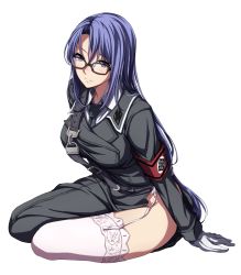 Rule 34 | 10s, 1girl, dies irae, garter straps, glasses, gloves, highres, lace, lace-trimmed legwear, lace trim, long hair, looking at viewer, low-tied long hair, nagioka, necktie, purple eyes, purple hair, riza brenner, shinza bansho series, simple background, solo, thighhighs, uniform, very long hair, white background