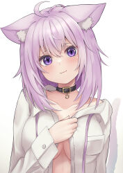 Rule 34 | 1girl, :3, absurdres, ahoge, animal ear fluff, animal ears, belt collar, blush, breast pocket, breasts, buttons, cat ears, cat girl, cleavage, collar, collarbone, collared shirt, dress shirt, fang, highres, holding, holding clothes, holding shirt, hololive, large breasts, long sleeves, looking at viewer, medium hair, micon, nekomata okayu, nekomata okayu (oversized shirt), open clothes, parted lips, pocket, pulling own clothes, purple eyes, purple hair, shirt, simple background, skin fang, sleeve cuffs, slit pupils, solo, upper body, virtual youtuber, white background, white shirt
