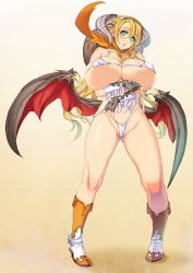 Rule 34 | 1girl, bikini, blonde hair, boots, breasts, cleavage, cow girl, cowboy boots, demon girl, demon wings, fingerless gloves, glasses, gloves, green eyes, horns, huge breasts, long hair, mammon (sin nanatsu no taizai), mammon (the seven deadly sins), nishii (damnedrive), official art, pointy ears, scarf, simple background, sin nanatsu no taizai, solo, swimsuit, the seven deadly sins, wings