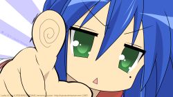 Rule 34 | 00s, 1girl, absurdres, female focus, highres, izumi konata, lucky star, pointing, signature, solo, striped, striped background, vector trace