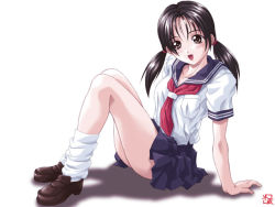 Rule 34 | black hair, kagehara hanzou, legs, school uniform, serafuku, sitting, solo, twintails