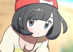 Rule 34 | 1girl, accidental exposure, beanie, black hair, blurry, blush, breasts, clueless, collarbone, creatures (company), depth of field, downblouse, game freak, hat, leaning forward, looking at viewer, meronshiroppu, nintendo, nipple slip, nipples, no bra, pokemon, pokemon sm, selene (pokemon), shirt, short hair, short sleeves, small breasts, solo