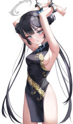 Rule 34 | 1girl, absurdres, armpits, arms up, bare arms, bare legs, black dress, black hair, blue archive, blue eyes, blush, breasts, chanpower233, china dress, chinese clothes, covered navel, cuffs, double bun, dress, hair bun, halo, halterneck, highres, kisaki (blue archive), long hair, looking at viewer, medium breasts, parted lips, shackles, sideboob, simple background, solo, thighs, twintails, very long hair, white background
