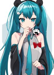 Rule 34 | 1girl, animal ears, bare shoulders, black hairband, blue eyes, blue hair, blue necktie, blush, bow, commentary request, creature, creature on shoulder, detached sleeves, fake animal ears, hair ornament, hairband, hairclip, hatsune miku, highres, long hair, necktie, on shoulder, pout, red bow, sweat, tyazakura sayu, very long hair, vocaloid, wide sleeves