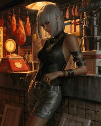 Rule 34 | 1girl, absurdres, bare shoulders, belt, belt buckle, between fingers, black belt, black shirt, breasts, brown eyes, buckle, ceiling light, cigarette, closed mouth, commentary, ear piercing, earrings, food, grey hair, grey shorts, guweiz, highres, holding, holding cigarette, jewelry, kitchen knife, looking at viewer, meat, medium breasts, necktie, original, piercing, ring, shirt, short shorts, shorts, sleeveless, sleeveless shirt, solo, stud earrings, symbol-only commentary, thick eyebrows