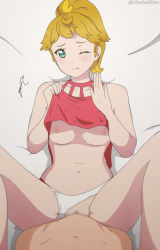 Rule 34 | 1boy, 1girl, alter real zero, artist name, bare shoulders, blonde hair, blush, breasts, censored, clenched teeth, clothed female nude male, clothes lift, clothing aside, collarbone, couple, green eyes, hetero, highres, hijirisawa yuuna, love live!, love live! superstar!!, medium breasts, mosaic censoring, navel, nipples, no bra, nude, on bed, one eye closed, panties, panties aside, ponytail, sex, shirt lift, spread legs, teeth, underwear, vaginal, white panties