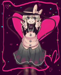 Rule 34 | 1girl, black hat, black pantyhose, blouse, blush, buttons, c:, closed mouth, collared shirt, commentary request, diamond button, eyeball, feet out of frame, floral print, frilled shirt collar, frilled sleeves, frills, green eyes, green hair, green skirt, hair between eyes, hat, hat ribbon, heart, heart of string, komeiji koishi, long sleeves, looking at viewer, medium hair, open hands, outstretched arms, pantyhose, ribbon, rose print, shirt, skirt, smile, solo, third eye, touhou, wavy hair, wide sleeves, yellow ribbon, yellow shirt, yunuki uta