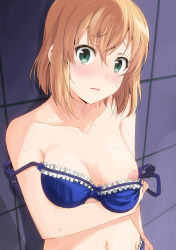 Rule 34 | 10s, 1girl, blonde hair, blue bra, blue panties, blush, bra, bra pull, breasts, clothes pull, frilled bra, frilled panties, frills, green eyes, highres, looking at viewer, md5 mismatch, miyamori aoi, nipples, open mouth, panties, shirobako, short hair, shounan ruizu, small breasts, solo, sweat, underwear, underwear only, undressing