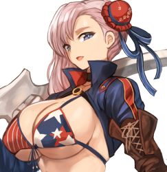 Rule 34 | 1girl, american flag bikini, american flag print, asymmetrical hair, bikini, blue eyes, breasts, brown gloves, bun cover, commentary, elbow gloves, fate (series), flag print, front-tie bikini top, front-tie top, gloves, gunblade, hair bun, highres, korean commentary, large breasts, looking at viewer, miyamoto musashi (fate), miyamoto musashi (fate/grand order), miyamoto musashi (swimsuit berserker) (fate), miyamoto musashi (swimsuit berserker) (second ascension) (fate), multi-strapped bikini, parted lips, pink hair, print bikini, print swimsuit, shrug (clothing), single elbow glove, single hair bun, single sidelock, skindentation, solo, sookmo, swept bangs, swimsuit, upper body, weapon